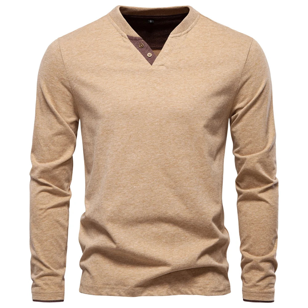 AIOPESON Henley Collar T Shirt Men Casual Solid Color Long Sleeve Autumn Fashion High Quality 100% Cotton Mens T Shirts
