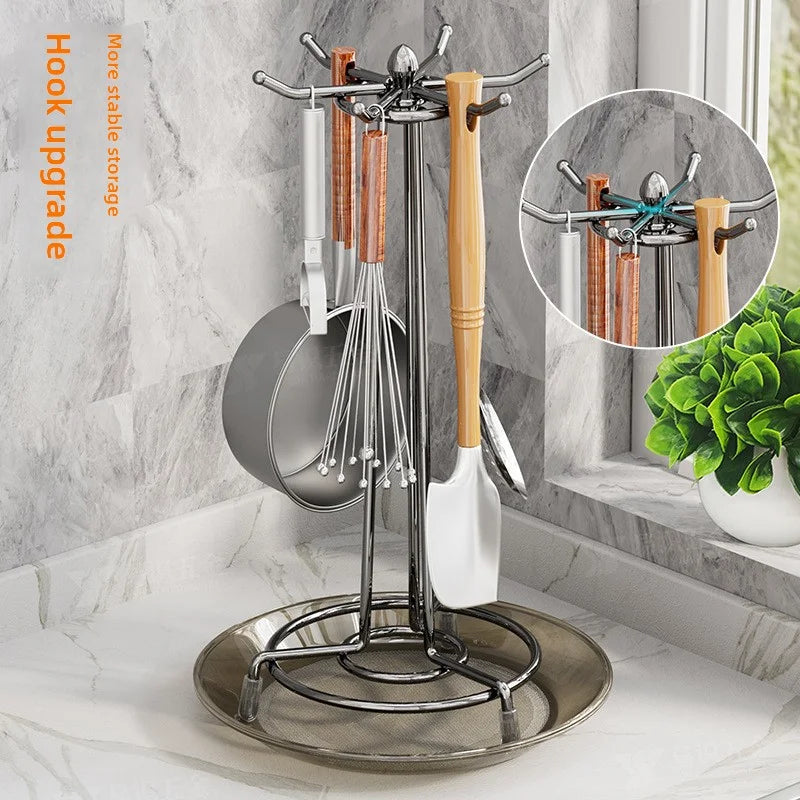 The kitchen rotating spatula rack is upgraded and thickened, and the storage rack with water tray is smoothly enlarged