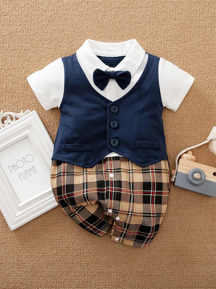 Newborn Clothing Handsome Gentleman Party Dress CottonComfortable AndSoft Summer Boys And Girls 0-18m Short Sleeve Baby Bodysuit