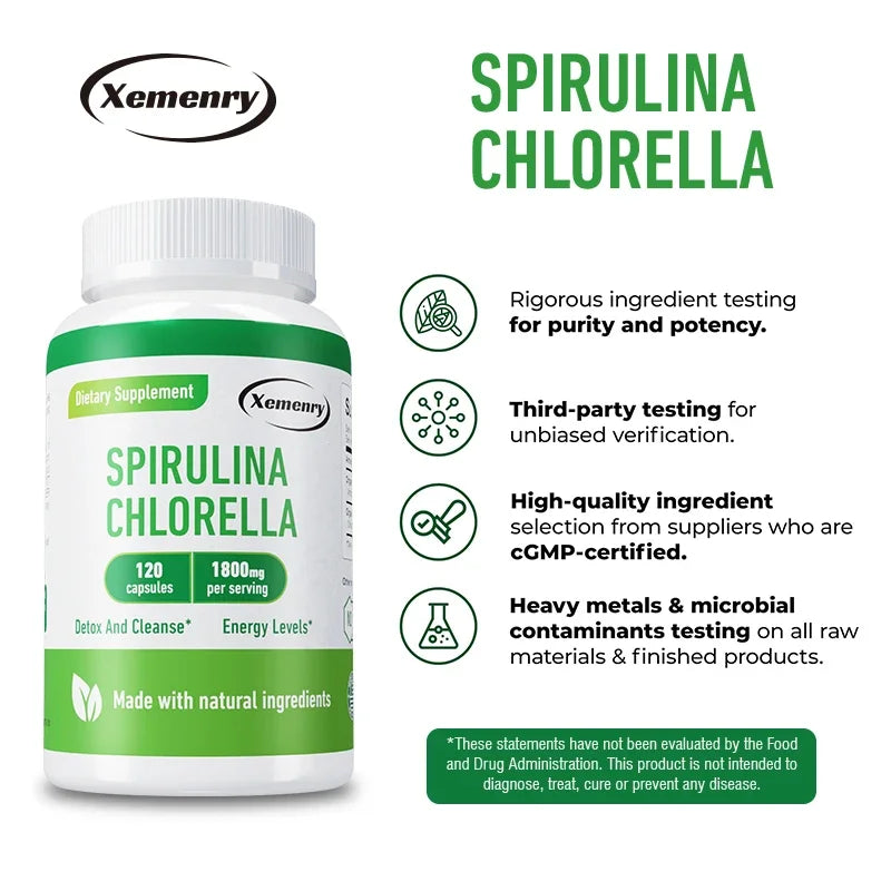Spirulina Chlorella Capsules - Natural Energy and Glucose Control, Detoxification, Antioxidant