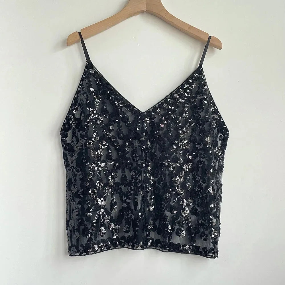 2025 Women's Summer High Quality Sequin Bead Sexy Sling Slim Fit Short V-neck Straight Tank Top Korean Fashion Clothing