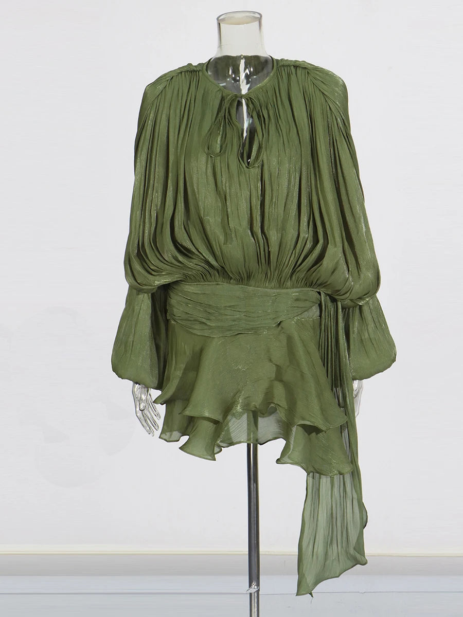 TWOTWINSTYLE Elegant Ruched Mini Dress For Women Round Neck Lantern Long Sleeve High Waist Temperament Dresses Female Fashion