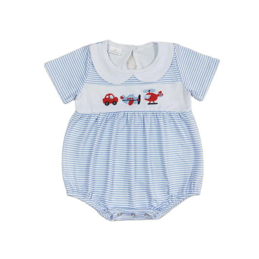 Wholesale Baby Girl Newborn Car Plane Romper Bubble Embroidery Blue Plaid Bow Jumpsuit Kid Toddler Summer One-piece Clothes