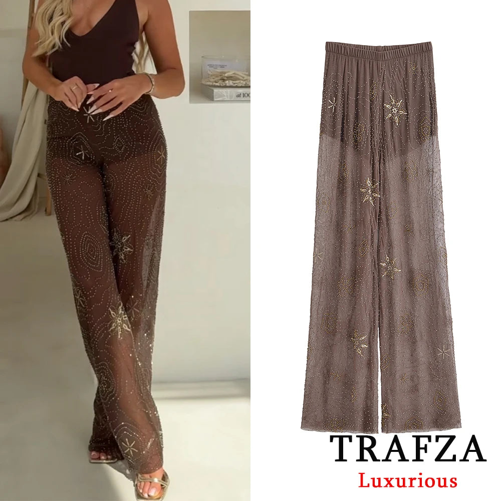 TRAFZA Sexy Chic Women Transparent Pants Sequins Straight Wide Leg Pants Fashion 2025 Spring Summer Holiday Party Trousers