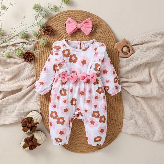 Baby Girls Cotton Soft Spring/Fall Long Sleeve Print Floral With Bow Jumpsuit Honey Cute Clothes +Headband