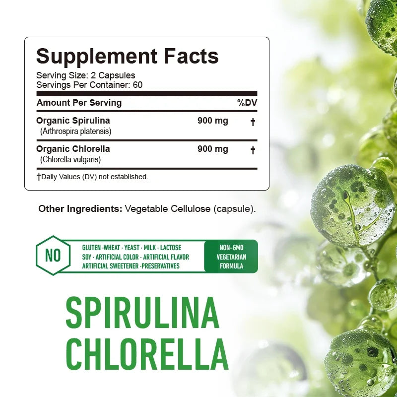 Spirulina Chlorella Capsules - Natural Energy and Glucose Control, Detoxification, Antioxidant