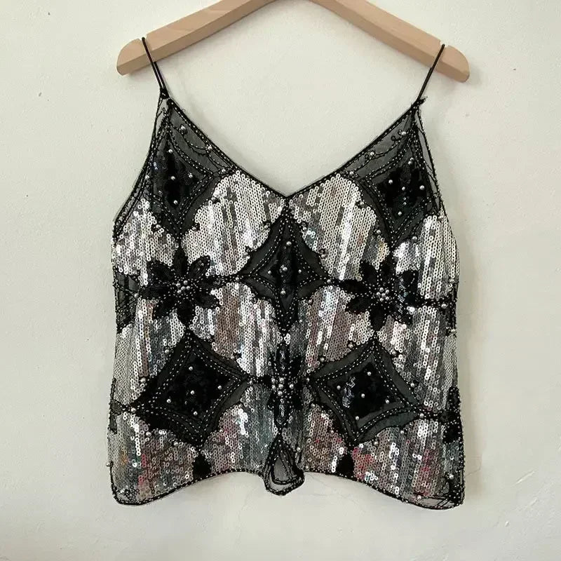 2025 Women's Summer High Quality Sequin Bead Sexy Sling Slim Fit Short V-neck Straight Tank Top Korean Fashion Clothing