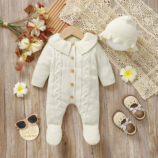 Newborn Baby Romper Knitted Infant Boy Girl Jumpsuit Outfits Long Sleeve Autumn Kid Clothes Hat 2PCS 0-9M Overalls Fashion Solid