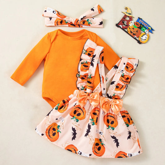 Pumpkin Infant Girl Halloween Dress Long Sleeves Orange Bodysuit Suspender Skirt with Double Bow Baby Girl My First Halloween