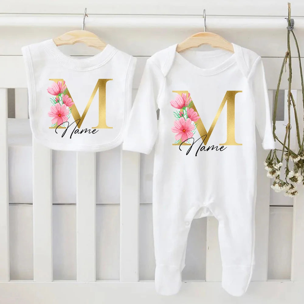 Personalized Baby Bib & Bodysuit 2pcs Infant Bibs and Romper Set Newborn Coming Home Hospital Outfit Sleepsuit Baby Shower Gifts
