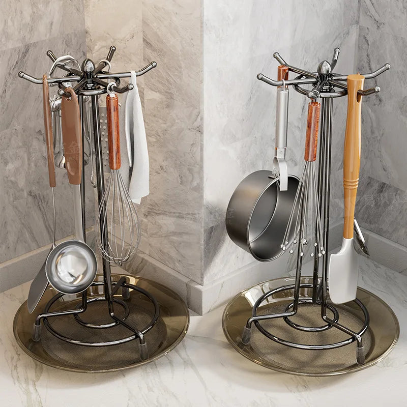 The kitchen rotating spatula rack is upgraded and thickened, and the storage rack with water tray is smoothly enlarged