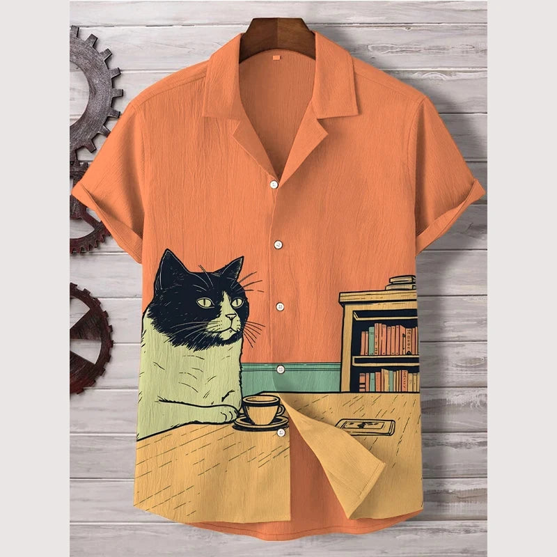 Summer Men's Shirt Animal Graphic Print Cat Shirts Casual Short Sleeve Streetwear Fashion Male Oversized Clothing Funny Blouse