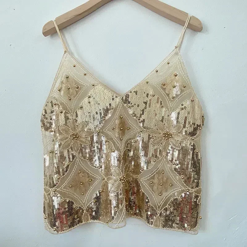 2025 Women's Summer High Quality Sequin Bead Sexy Sling Slim Fit Short V-neck Straight Tank Top Korean Fashion Clothing