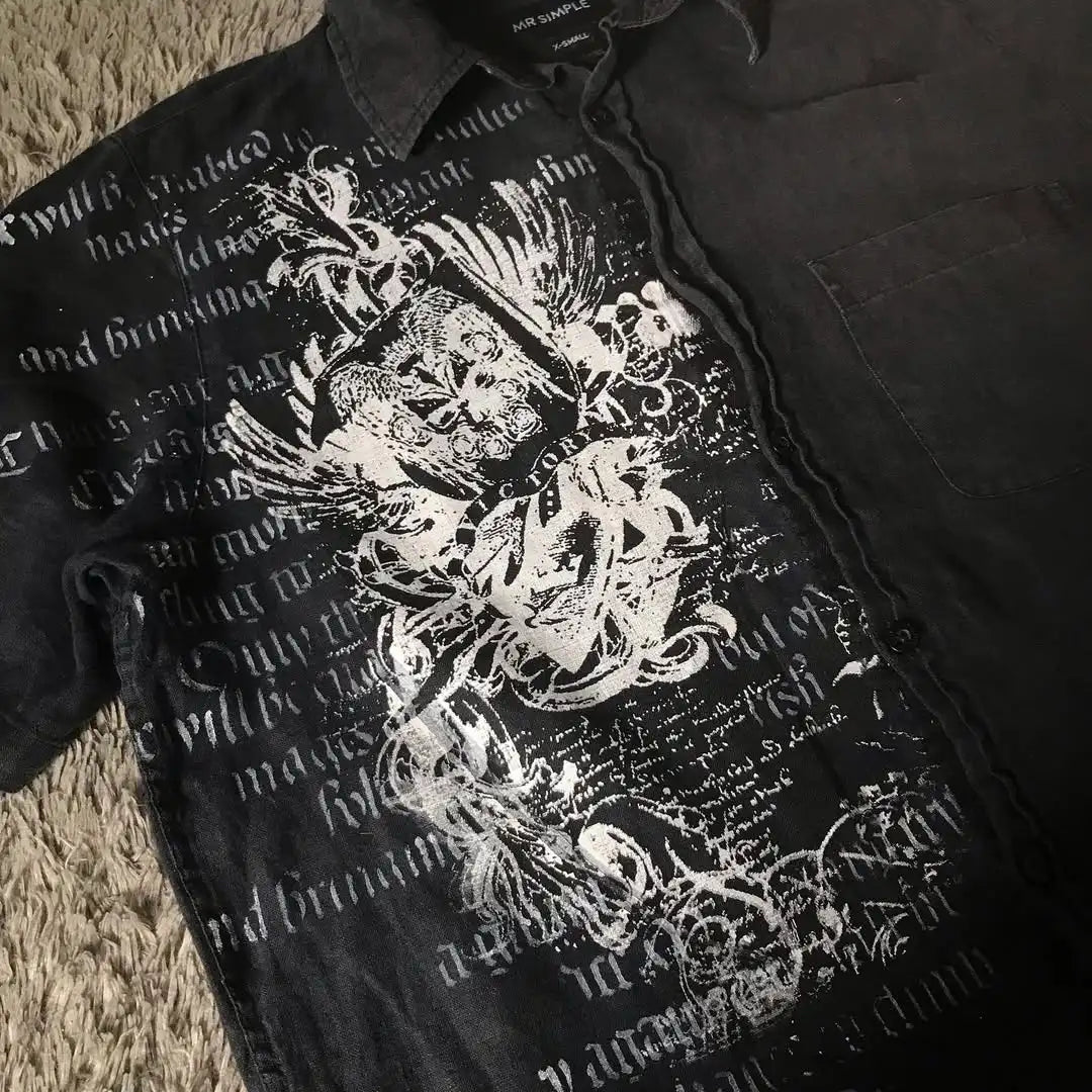 Y2K Black Shirt Affliction Retro T Shirt Harajuku Men Skull Holy Writ Letter Printing Tee Fashion Gothic Short Sleeves Tops