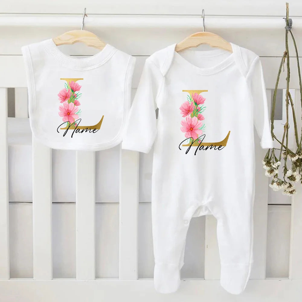 Personalized Baby Bib & Bodysuit 2pcs Infant Bibs and Romper Set Newborn Coming Home Hospital Outfit Sleepsuit Baby Shower Gifts