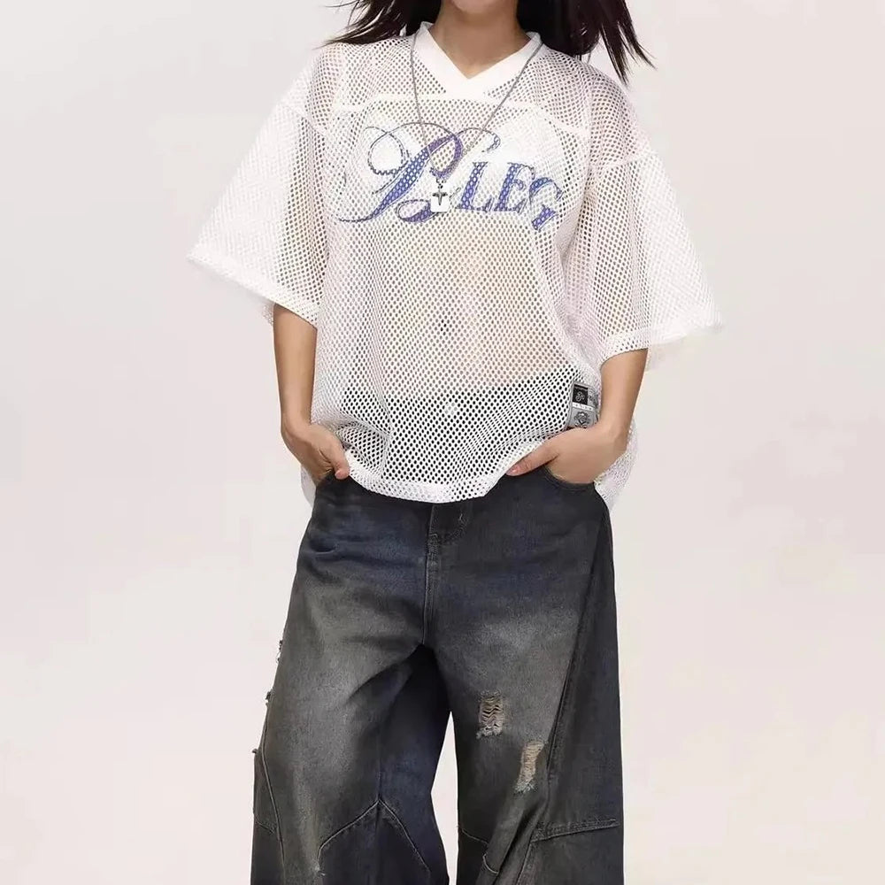 Y2k Hollow Mesh See-Through Outerwear T-Shirt Genderless Streetwear Fashion Youth Sexy V-Neck Jersey Top Couple Unisex 2025 New