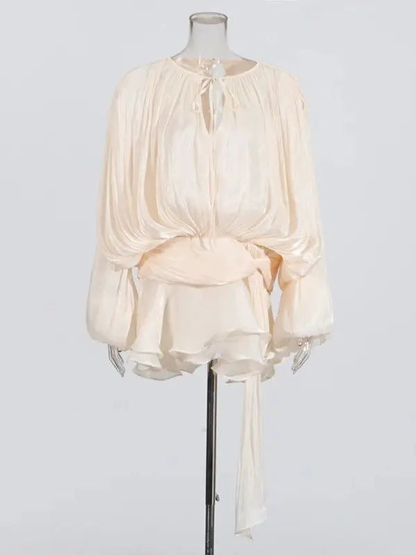 TWOTWINSTYLE Elegant Ruched Mini Dress For Women Round Neck Lantern Long Sleeve High Waist Temperament Dresses Female Fashion