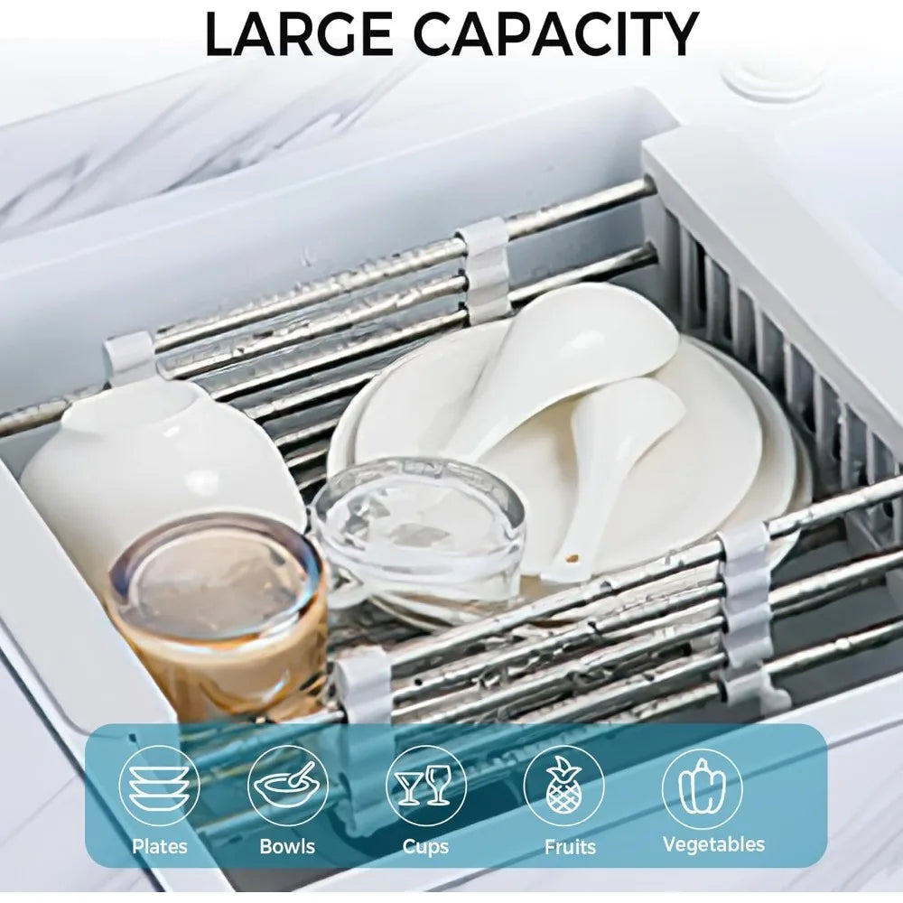 over sink dish drying rack, stainless steel drainer for 11"-19" sinks, kitchen countertop organizer for dishes, vegetables, and