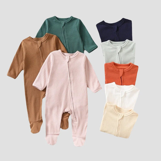 Autumn Zipper Baby Onesie Ribbed Knit Footed Romper Long Sleeve Solid Color Jumpsuit for 0-12M Newborn Infant Outfits