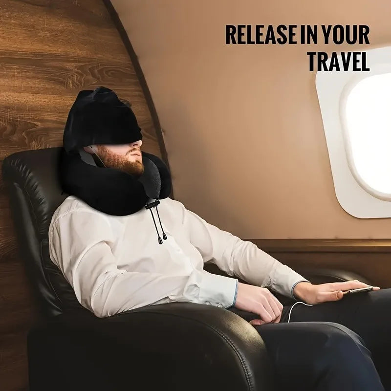 Memory Foam Hooded U-Shaped Travel Pillow with Detachable Cover Portable Neck Support for Airplane Office Nap Car and Home Use