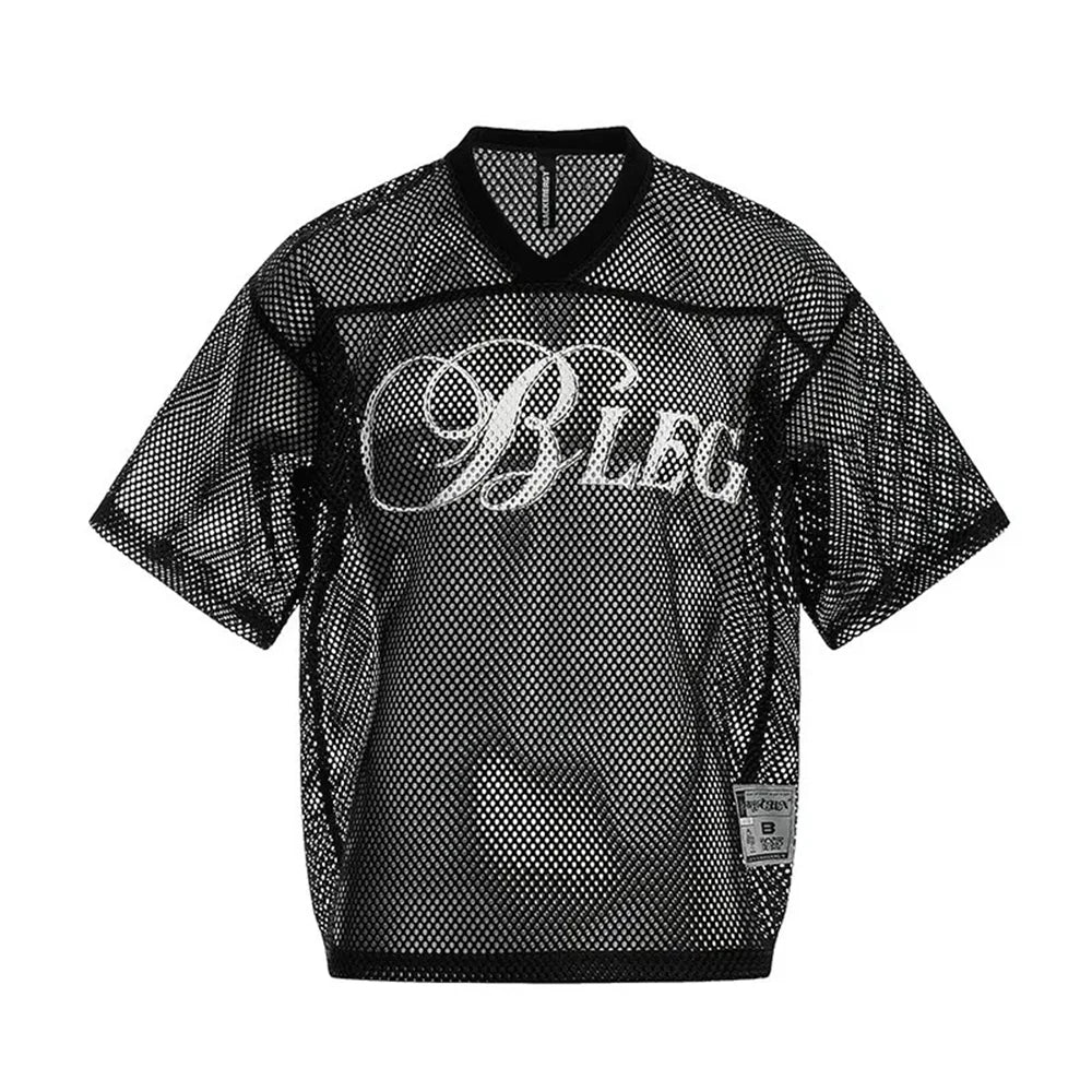 Y2k Hollow Mesh See-Through Outerwear T-Shirt Genderless Streetwear Fashion Youth Sexy V-Neck Jersey Top Couple Unisex 2025 New