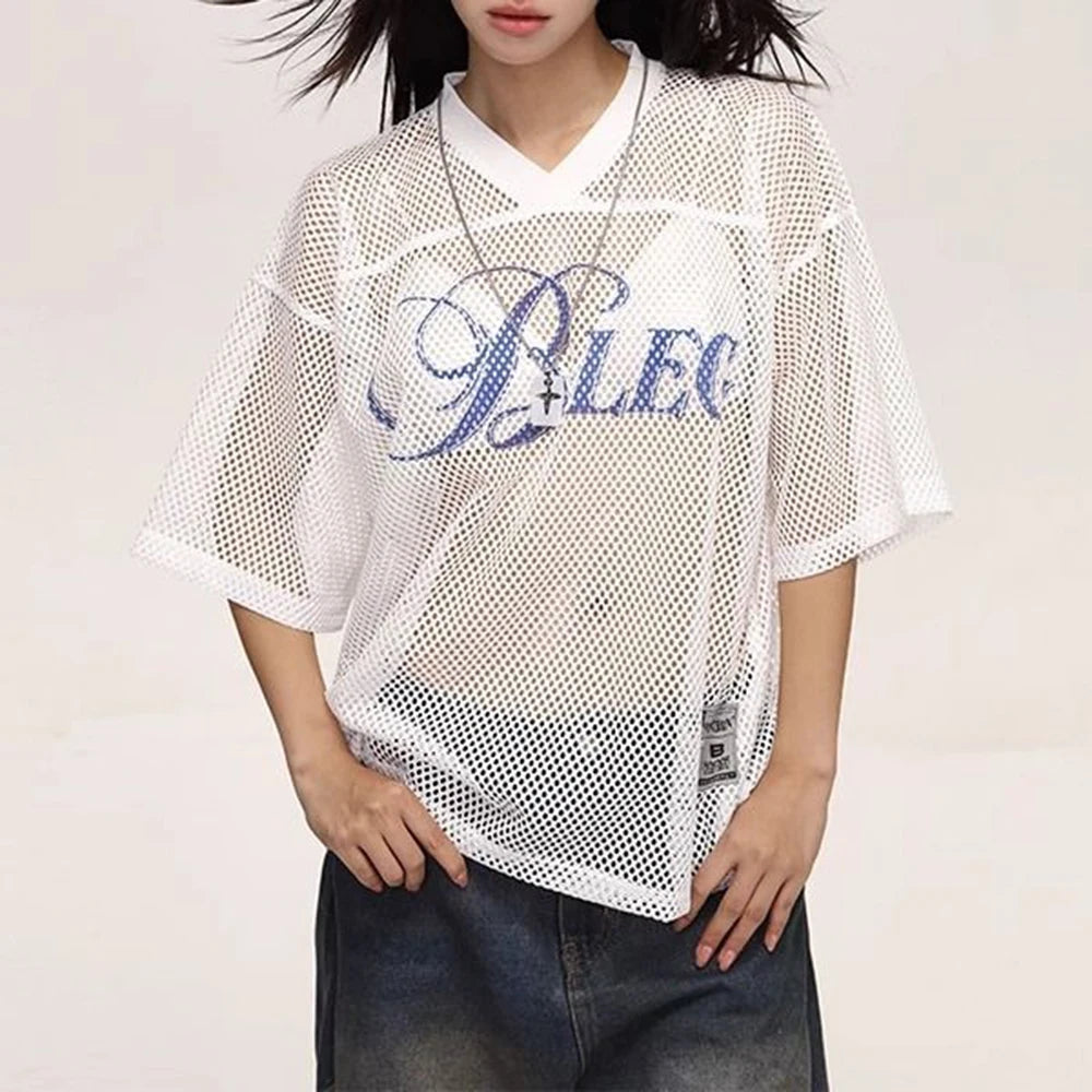 Y2k Hollow Mesh See-Through Outerwear T-Shirt Genderless Streetwear Fashion Youth Sexy V-Neck Jersey Top Couple Unisex 2025 New