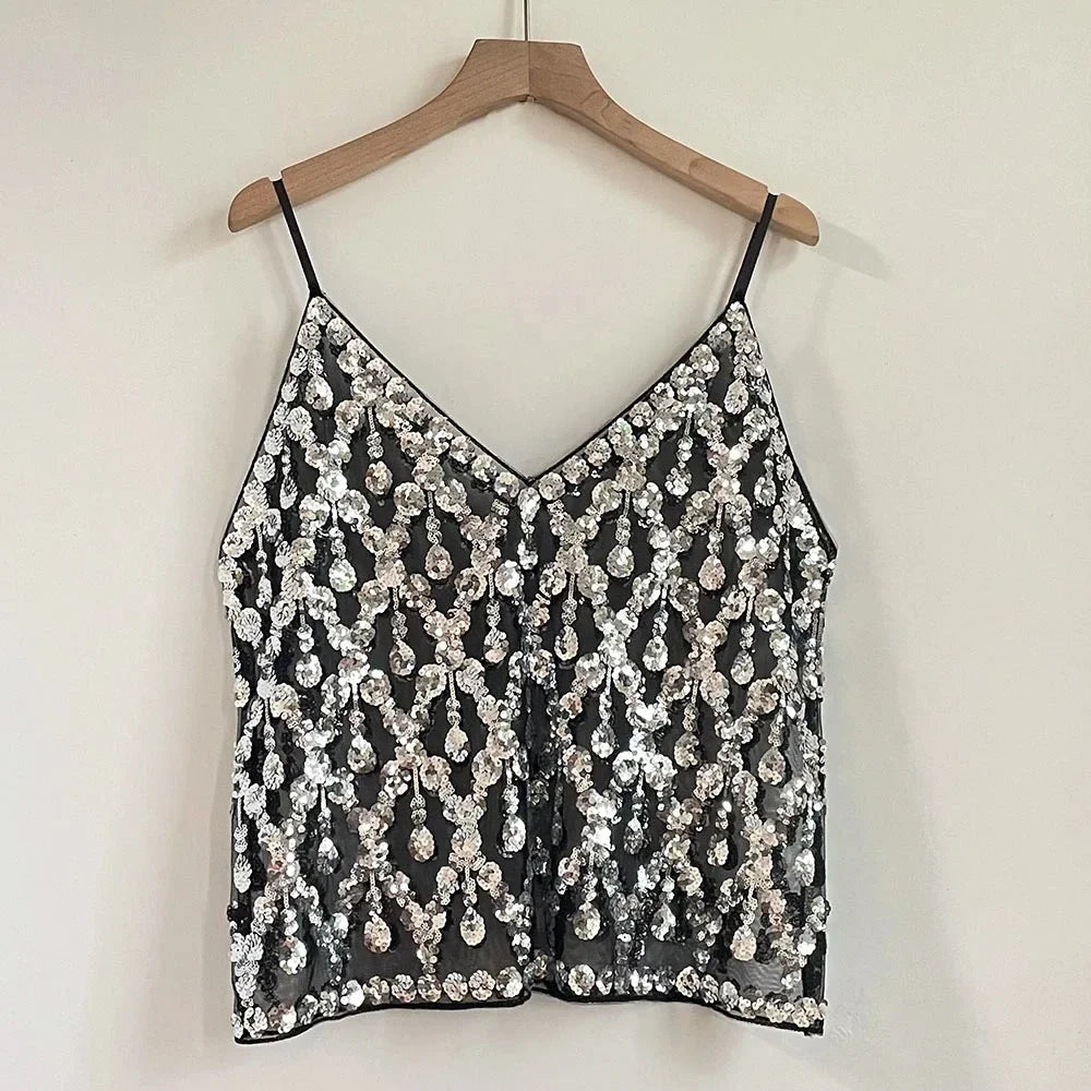 2025 Women's Summer High Quality Sequin Bead Sexy Sling Slim Fit Short V-neck Straight Tank Top Korean Fashion Clothing