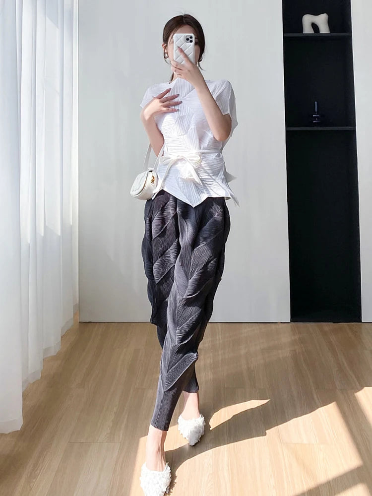 Miyake Pleated Pants Women Elastic Wiast 2023 New Summer Versatile Casual Pencil Trousers Solid Color Female Fashion  Pants