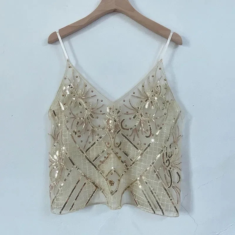 2025 Women's Summer High Quality Sequin Bead Sexy Sling Slim Fit Short V-neck Straight Tank Top Korean Fashion Clothing