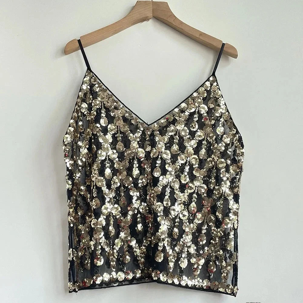 2025 Women's Summer High Quality Sequin Bead Sexy Sling Slim Fit Short V-neck Straight Tank Top Korean Fashion Clothing