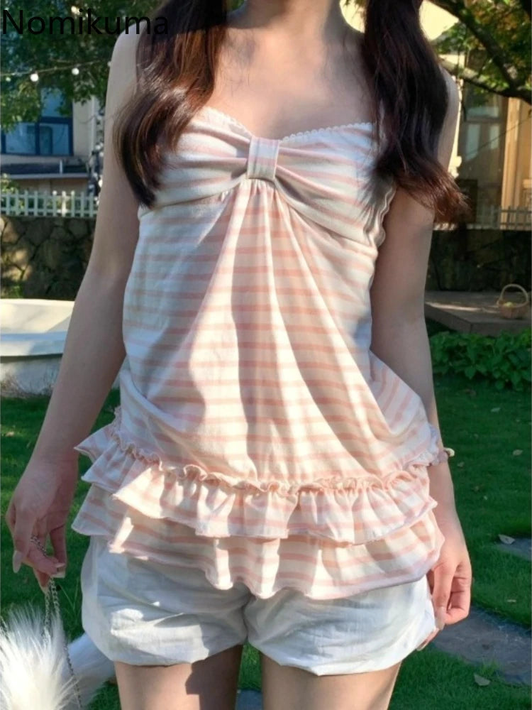 Japanese Sweet Vest Women Clothing Vintage Striped Sleeveless Tees Fashion Summer Camis Ruffles Slim Fit Vintage Tank Ropa Mujer