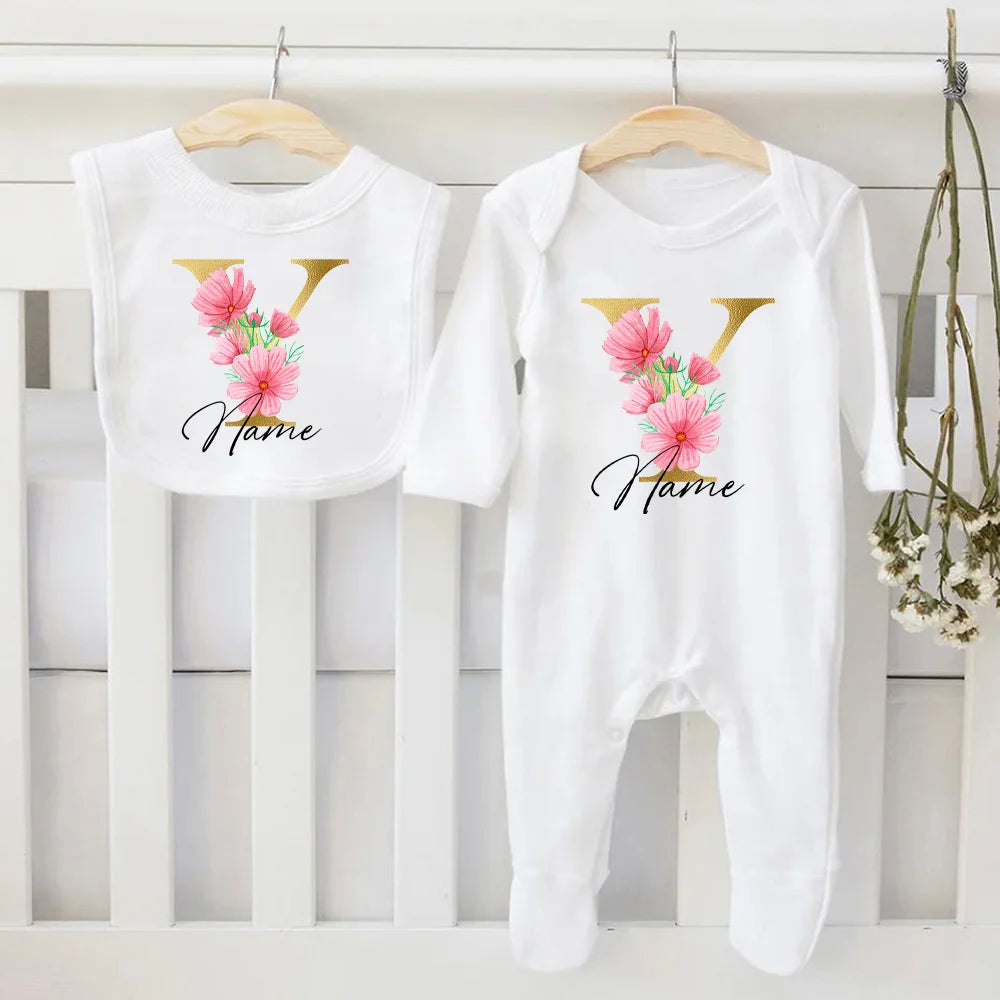 Personalized Baby Bib & Bodysuit 2pcs Infant Bibs and Romper Set Newborn Coming Home Hospital Outfit Sleepsuit Baby Shower Gifts