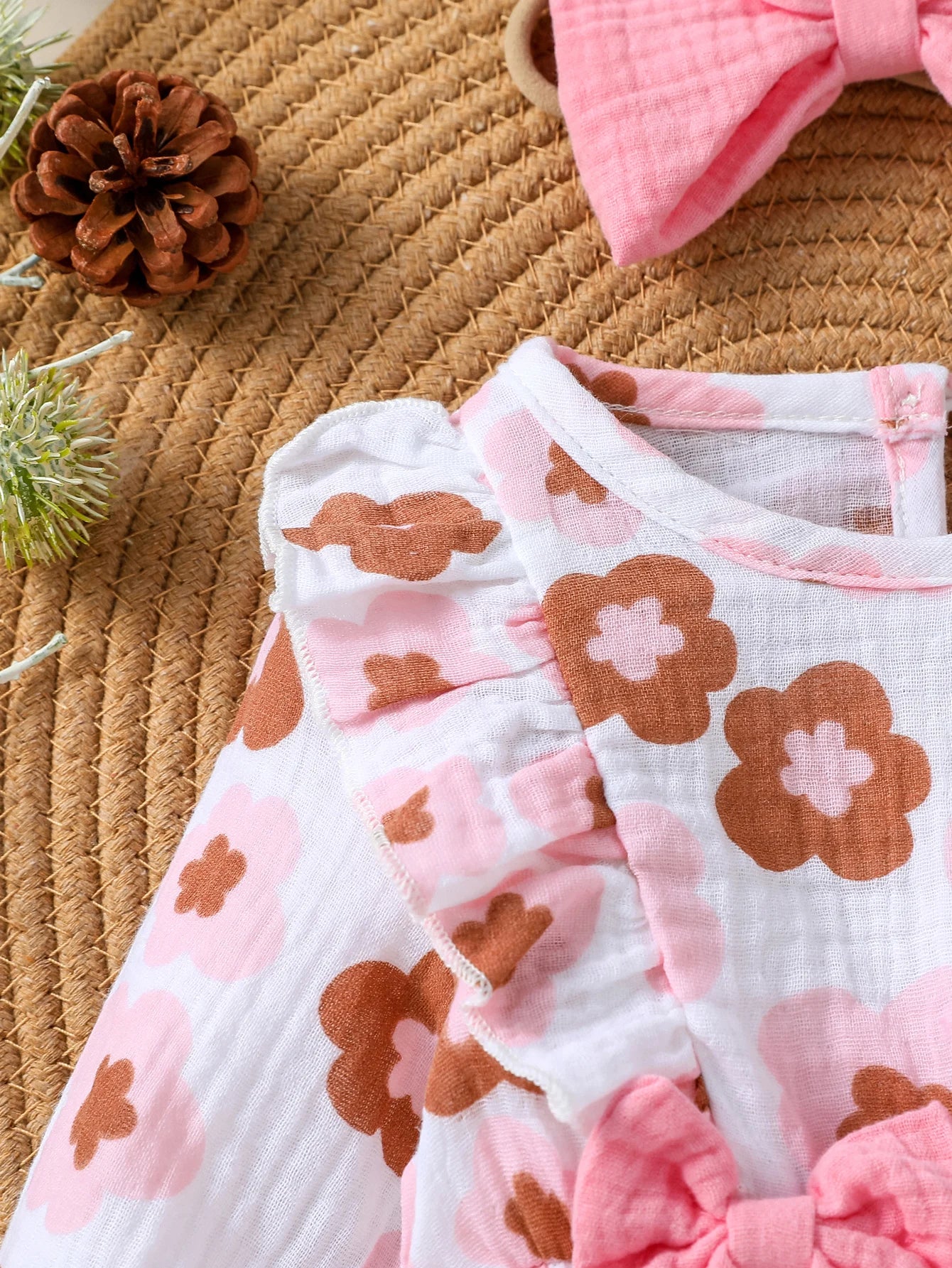 Baby Girls Cotton Soft Spring/Fall Long Sleeve Print Floral With Bow Jumpsuit Honey Cute Clothes +Headband