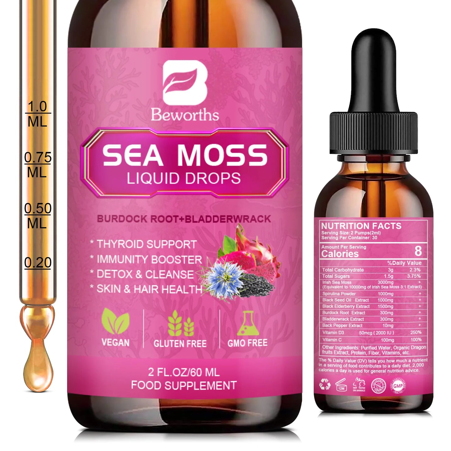 BEWORTHS Organic Black Seed Oil Sea Moss Extract Supplement Supports Immunity and Gut Digestive Health Radiant Hair & Skin
