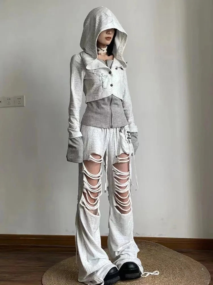 Vintage Sweatshirts 2025 Women's Clothes White Print Tunic Hooded Y2k Coat Streetwear Fashion Casual Hoodies Tops Ropa Mujer