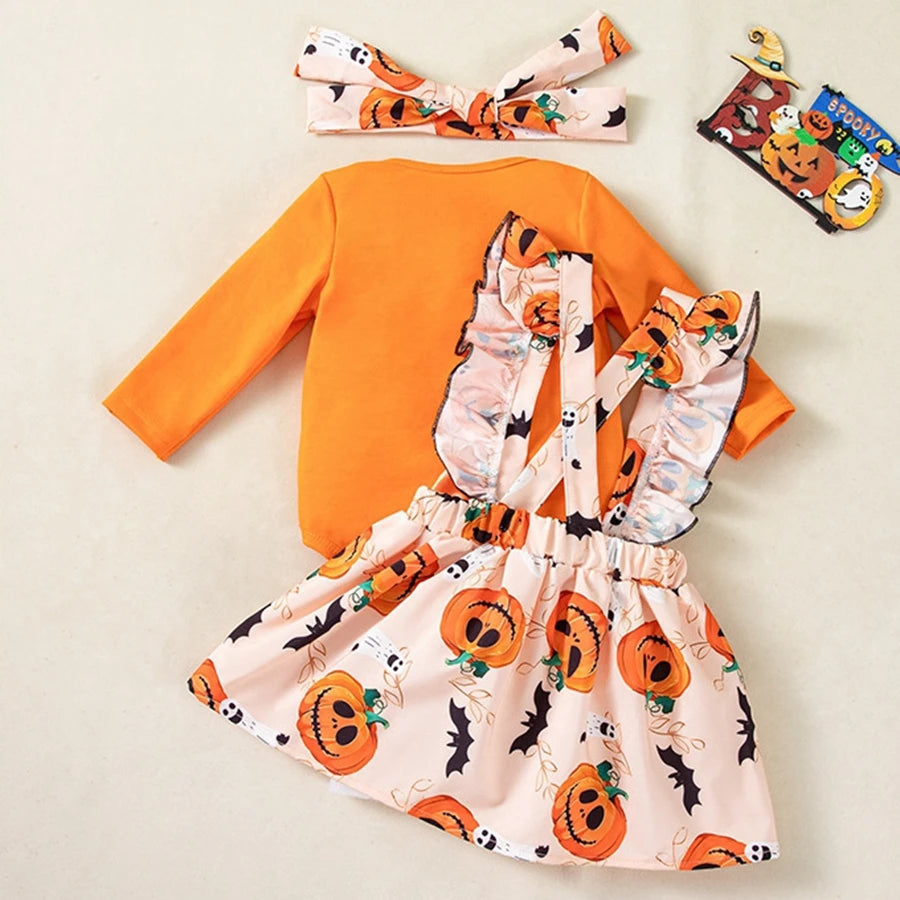 Pumpkin Infant Girl Halloween Dress Long Sleeves Orange Bodysuit Suspender Skirt with Double Bow Baby Girl My First Halloween
