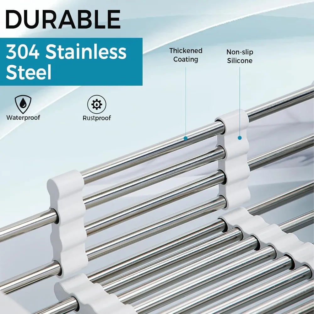 over sink dish drying rack, stainless steel drainer for 11"-19" sinks, kitchen countertop organizer for dishes, vegetables, and