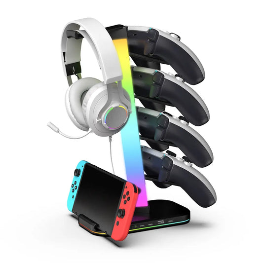 3 in 1 Headphone and Controller Stand 2 X Type-C & 1 X USB 2.0 Gaming Controller Headset Holder for Switch/Headphones/Controller