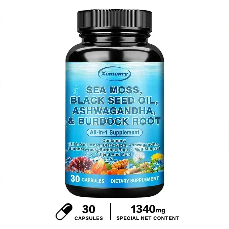 Sea Moss, Black Seed Oil, Ashwagandha & Burdock Root - Supports Bone, Joint & Digestive Health, Boosts Natural Energy, Immunity