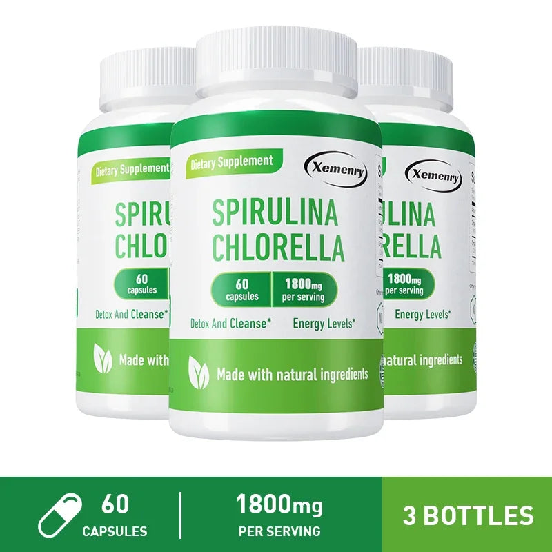 Spirulina Chlorella Capsules - Natural Energy and Glucose Control, Detoxification, Antioxidant