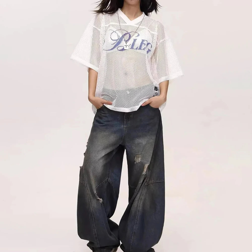 Y2k Hollow Mesh See-Through Outerwear T-Shirt Genderless Streetwear Fashion Youth Sexy V-Neck Jersey Top Couple Unisex 2025 New