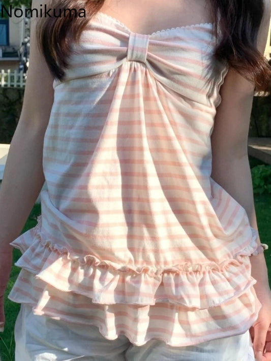 Japanese Sweet Vest Women Clothing Vintage Striped Sleeveless Tees Fashion Summer Camis Ruffles Slim Fit Vintage Tank Ropa Mujer