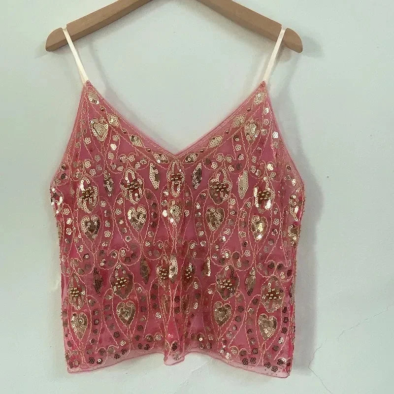 2025 Women's Summer High Quality Sequin Bead Sexy Sling Slim Fit Short V-neck Straight Tank Top Korean Fashion Clothing
