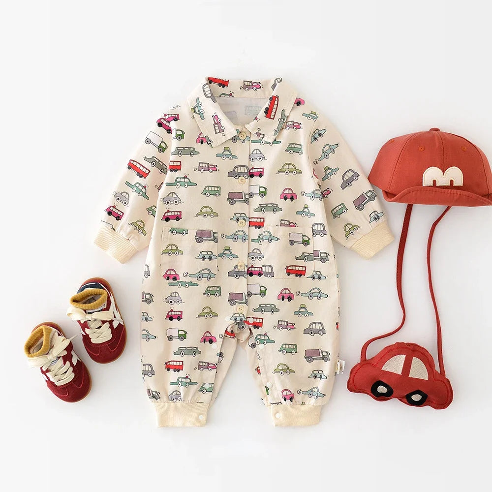 Autumn New Baby Boys Clothes Full Of Car Print Infant Jumpsuits Toddler Playsuit Infant Outfit