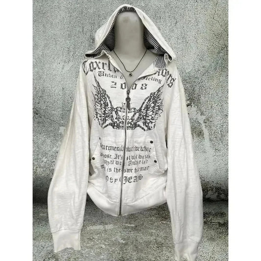 Vintage Sweatshirts 2025 Women's Clothes White Print Tunic Hooded Y2k Coat Streetwear Fashion Casual Hoodies Tops Ropa Mujer